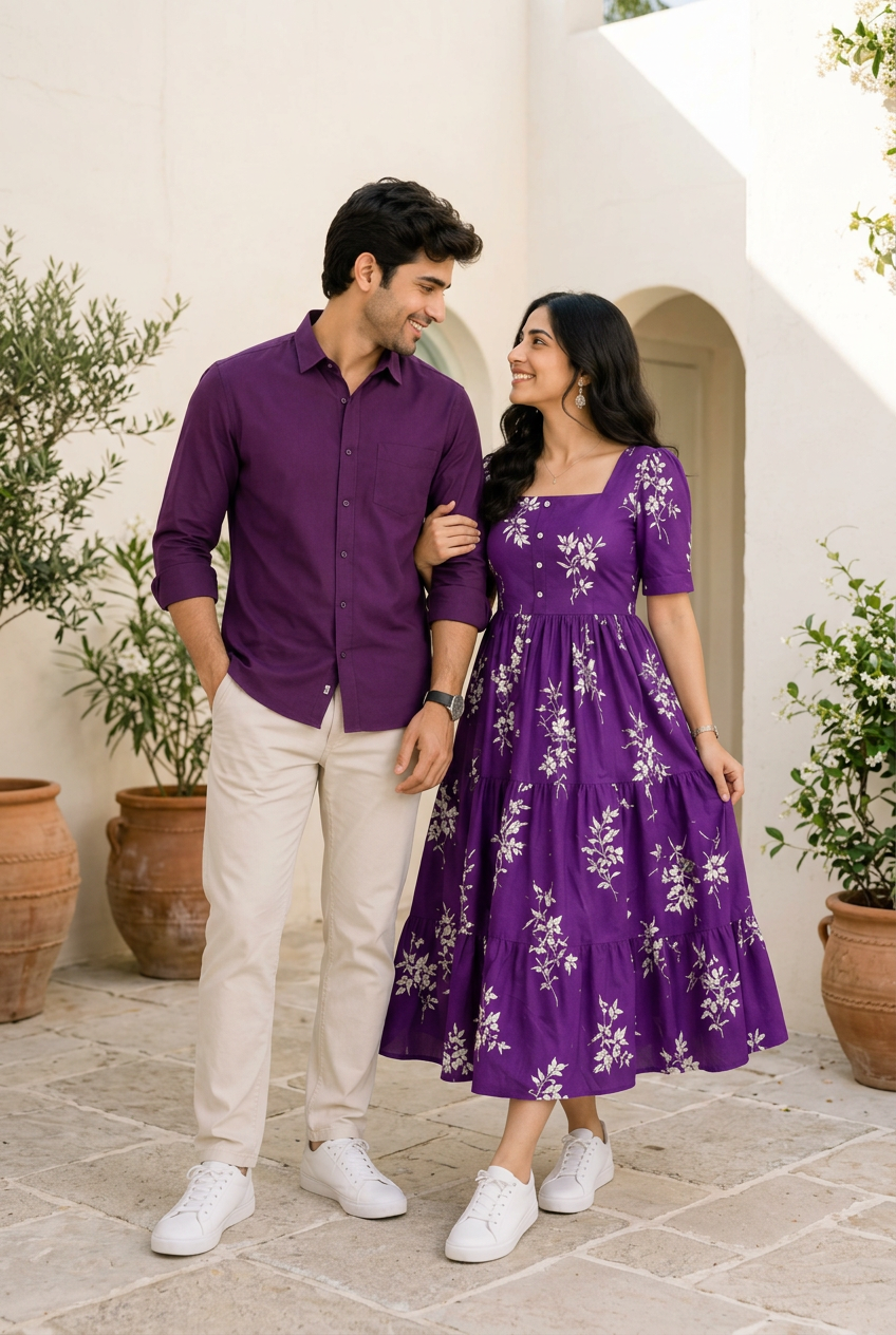 Purple Couple Shirt & Floral Midi Dress | Trendzzz Fashion